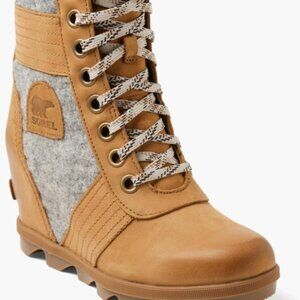 NEW Sorel Joan of Arctic Lexie Wedge Lace Bootie Tan Camel Leather Grey Wool 5